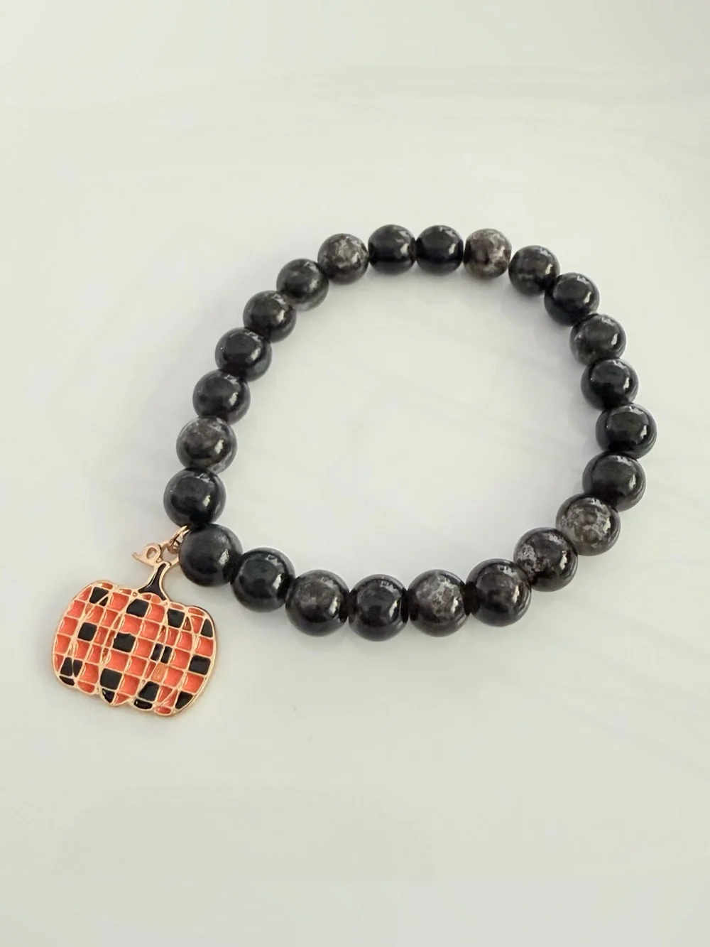 Black Beaded Bracelet with Orange Pumpkin Charm Fall Festive Jewelry